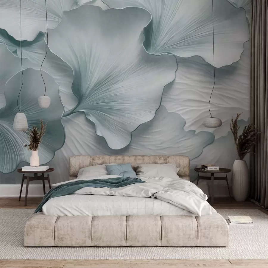 wall murals Textured, blue and white ginkgo leaves petals with delicate organic print w09741v1