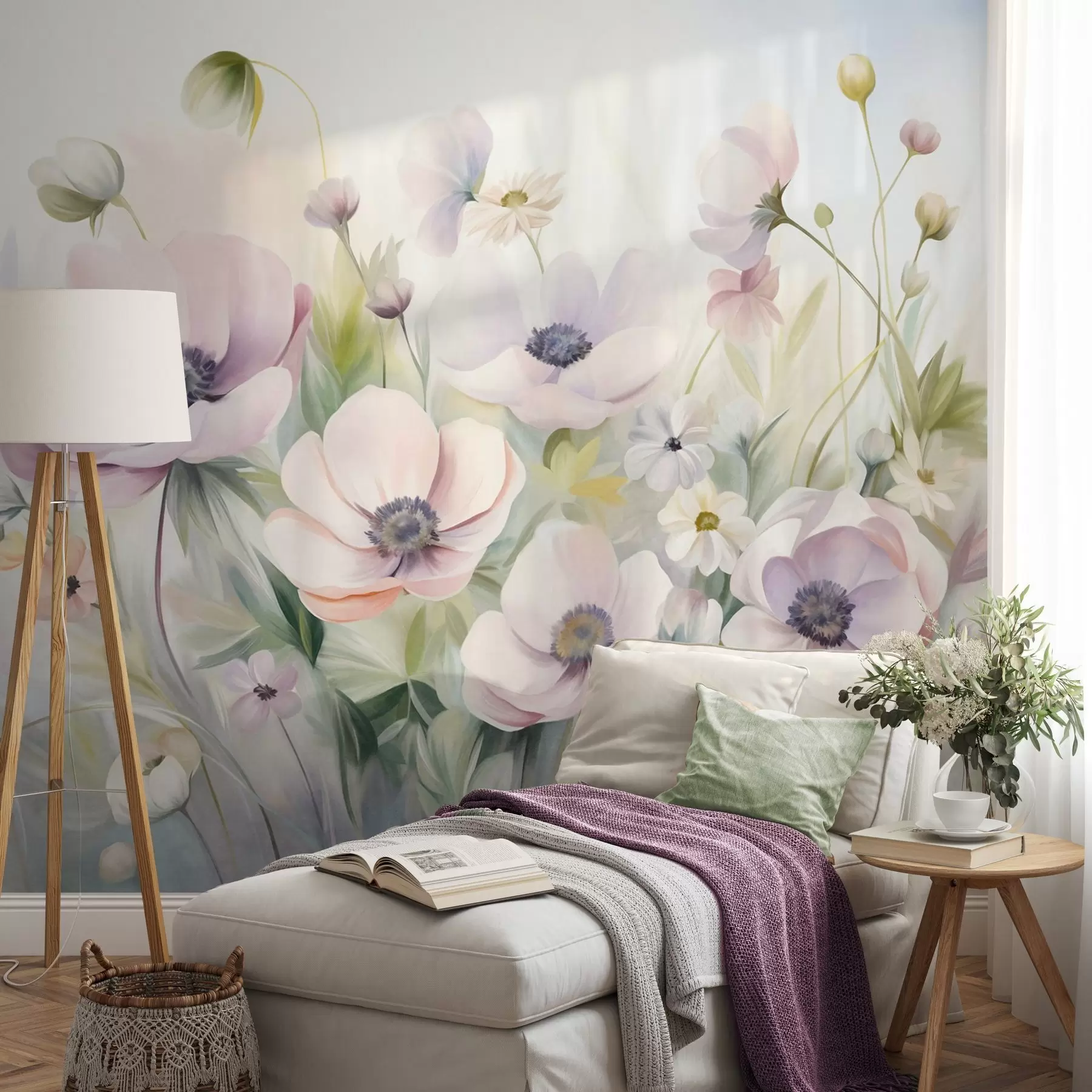 wall murals A field of pastel pink and white anemone flowers, green foliage and small white daisies w09742