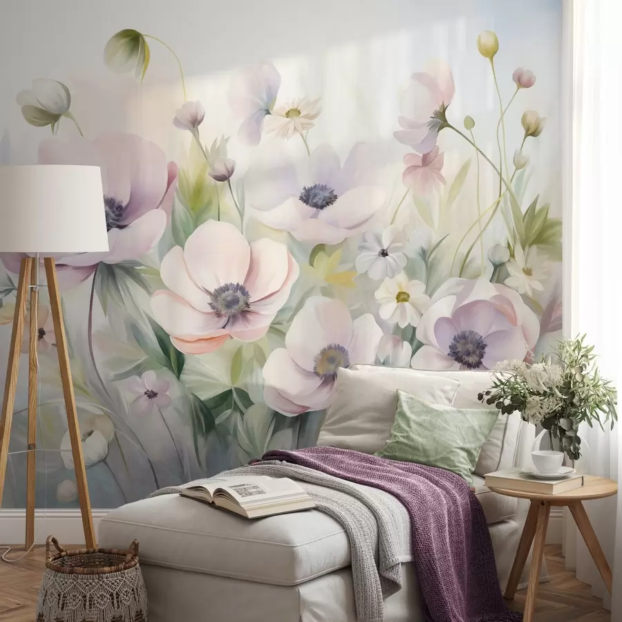 wall murals A field of pastel pink and white anemone flowers, green foliage and small white daisies w09742