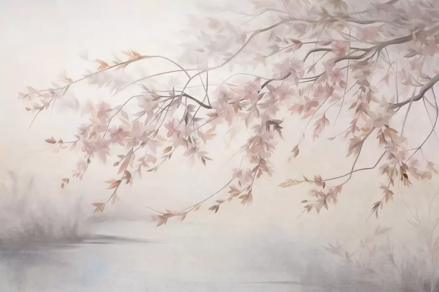 wall murals Textured landscape with cherry blossom branch, pink leaves, soft, foggy background w09743