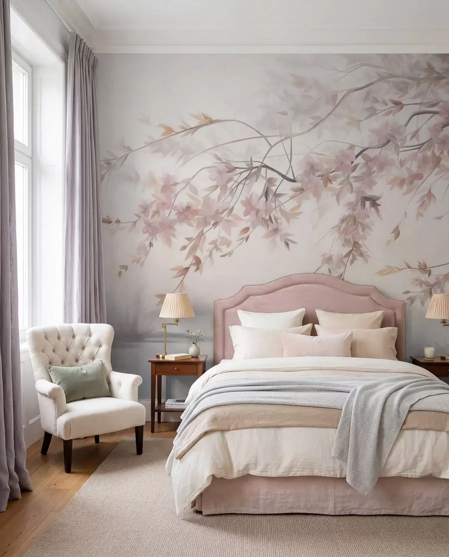 wall murals Textured landscape with cherry blossom branch, pink leaves, soft, foggy background w09743