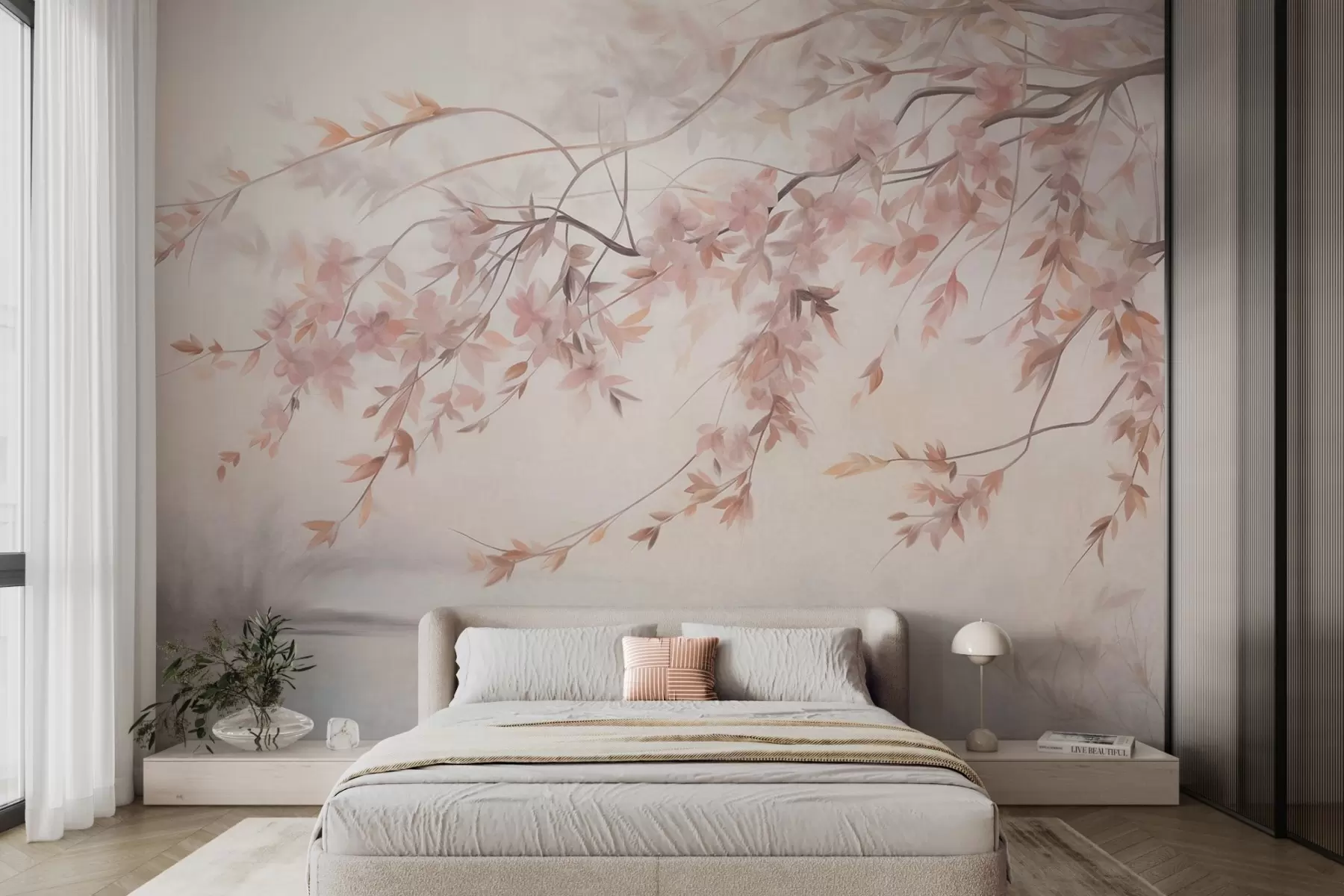 wall murals Textured landscape with cherry blossom branch, pink leaves, soft, foggy background w09743