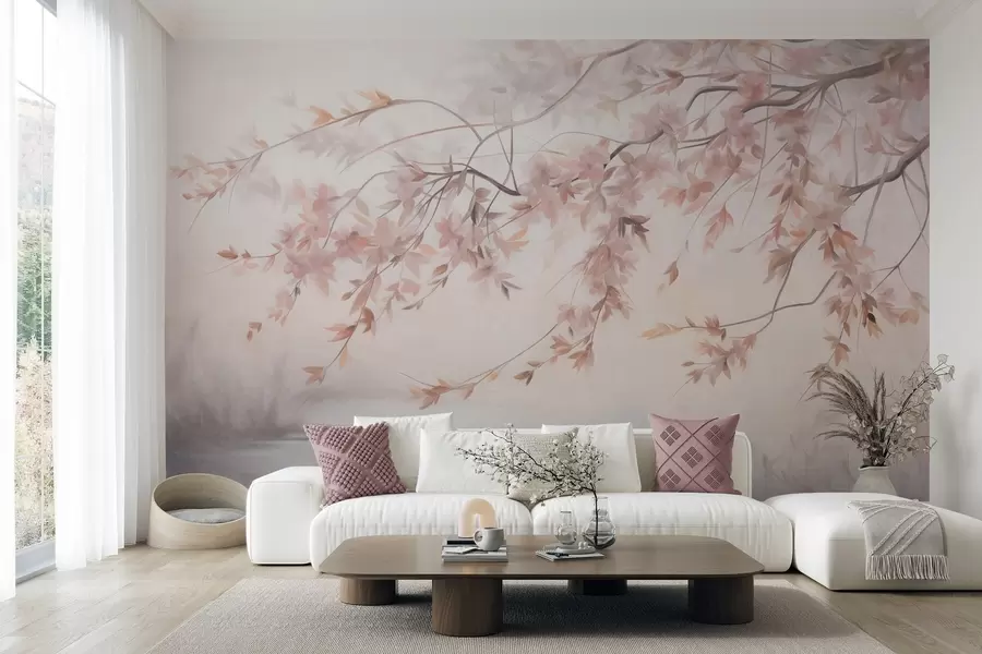 wall murals Textured landscape with cherry blossom branch, pink leaves, soft, foggy background w09743