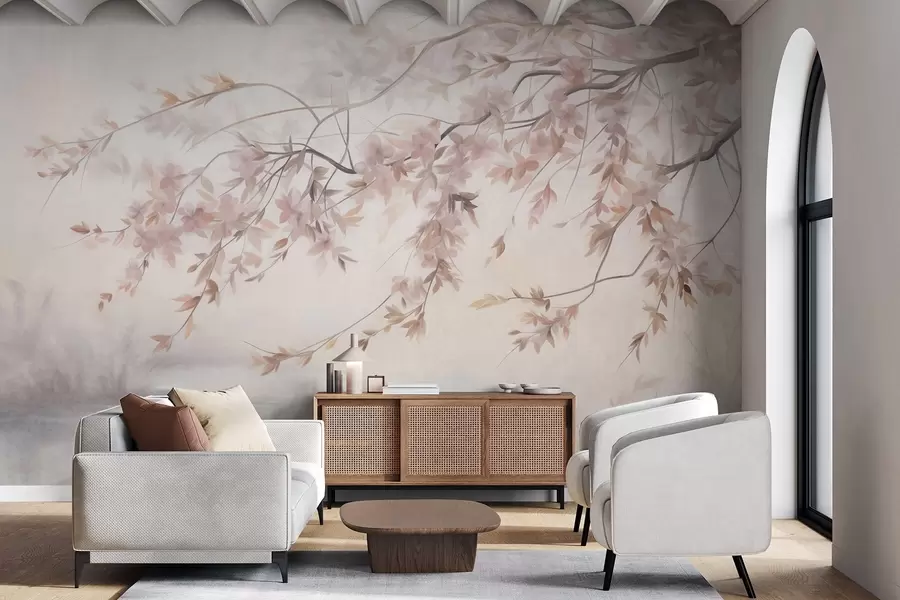 wall murals Textured landscape with cherry blossom branch, pink leaves, soft, foggy background w09743