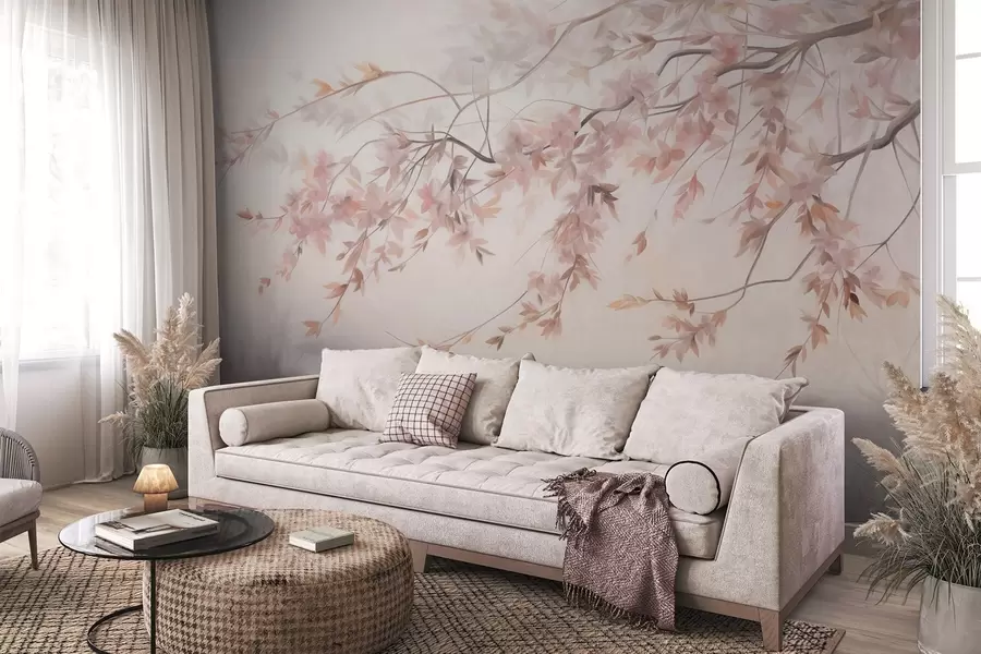 wall murals Textured landscape with cherry blossom branch, pink leaves, soft, foggy background w09743