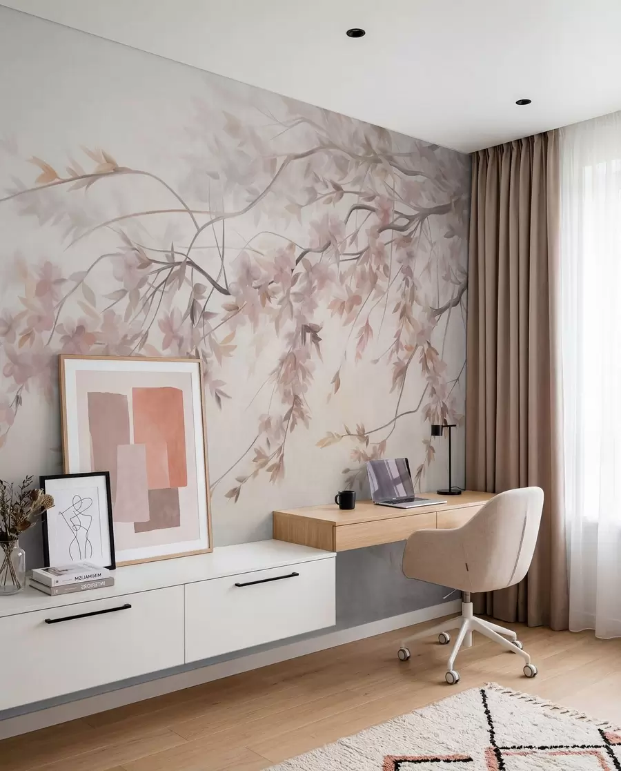 wall murals Textured landscape with cherry blossom branch, pink leaves, soft, foggy background w09743