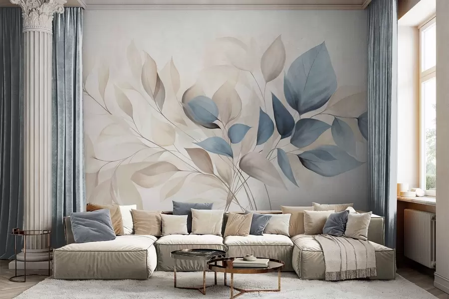 wall murals Abstract translucent leaves in shades of blue, beige and cream, textured art w09744