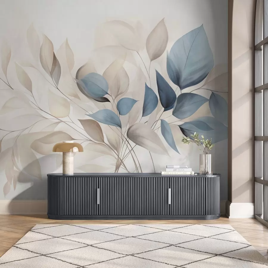 wall murals Abstract translucent leaves in shades of blue, beige and cream, textured art w09744