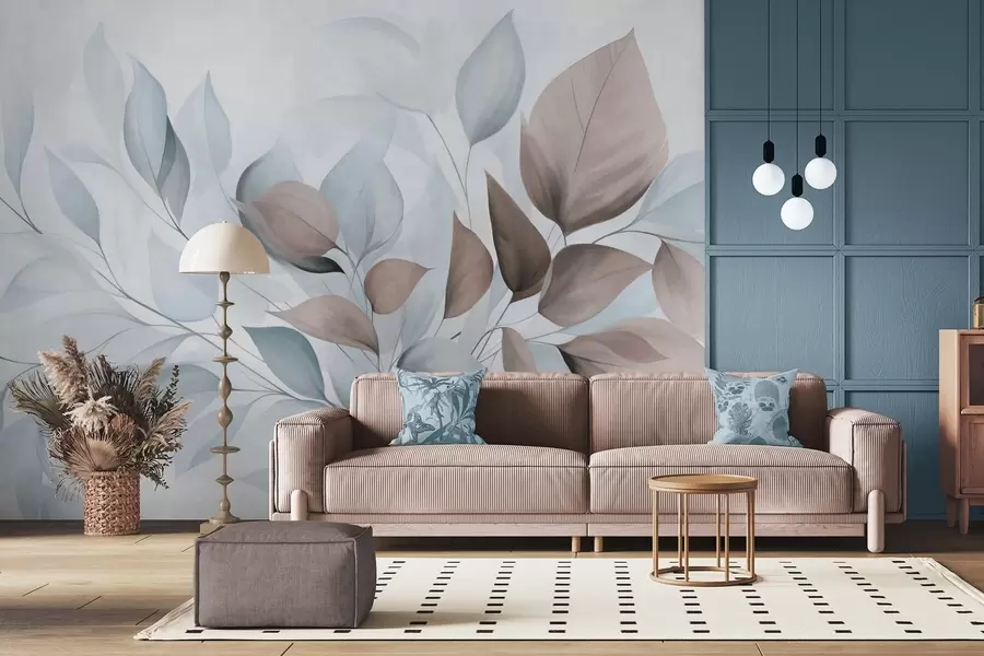 wall murals Abstract translucent leaves in shades of blue, beige and brown, textured art w09744v1
