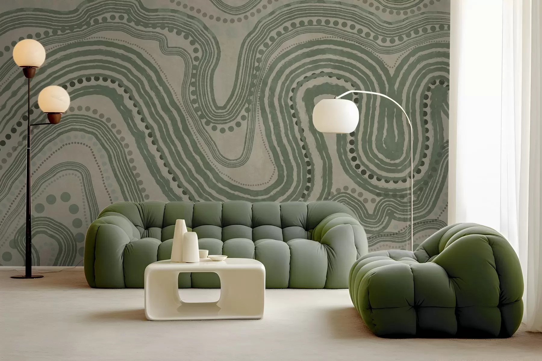 wall murals Abstract green and beige wavy lines and dots, modern textured art w09747