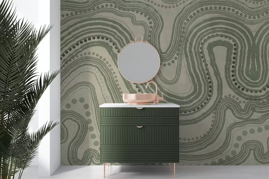 wall murals Abstract green and beige wavy lines and dots, modern textured art w09747