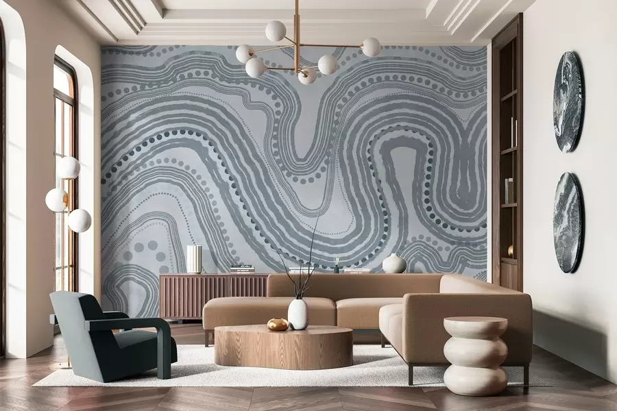 wall murals Abstract blue wavy lines and dots, modern textured art w09747v3