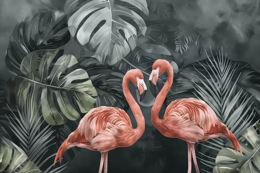 wall murals A pair of flamingos in tropical plants w09687