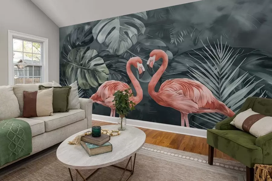wall murals A pair of flamingos in tropical plants w09687