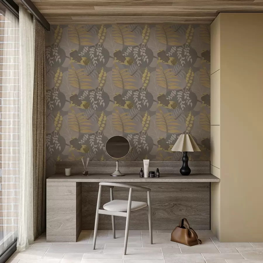 wall murals Abstract leaves in gray and yellow tones a01112