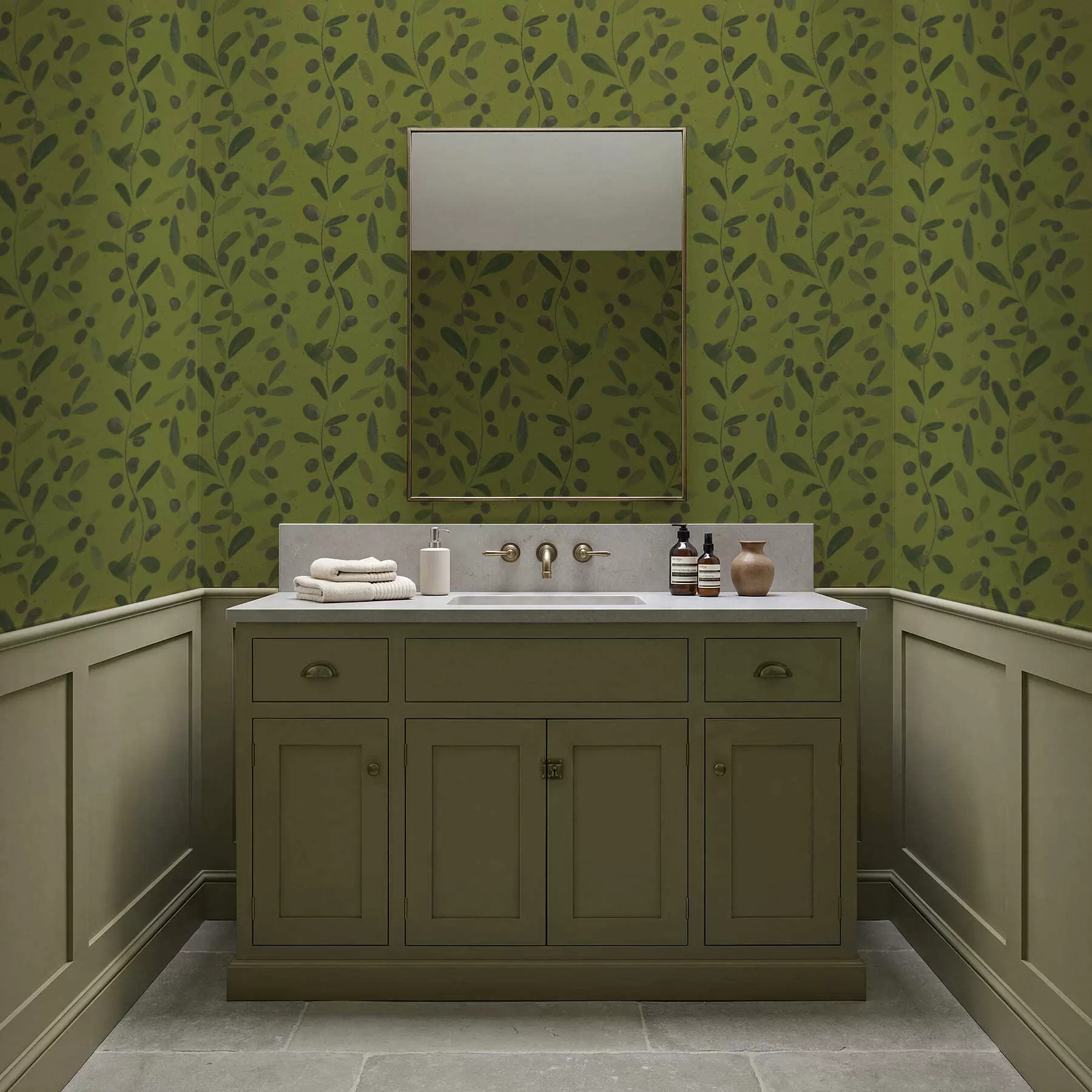 wall murals Green branches with leaves and berries on olive a01113