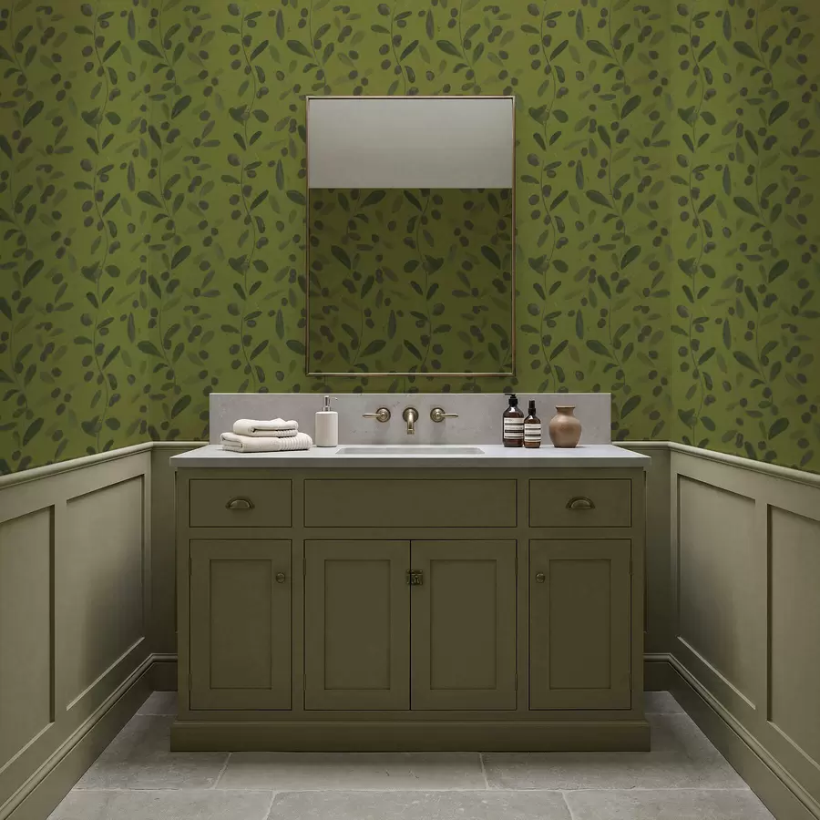 wall murals Green branches with leaves and berries on olive a01113