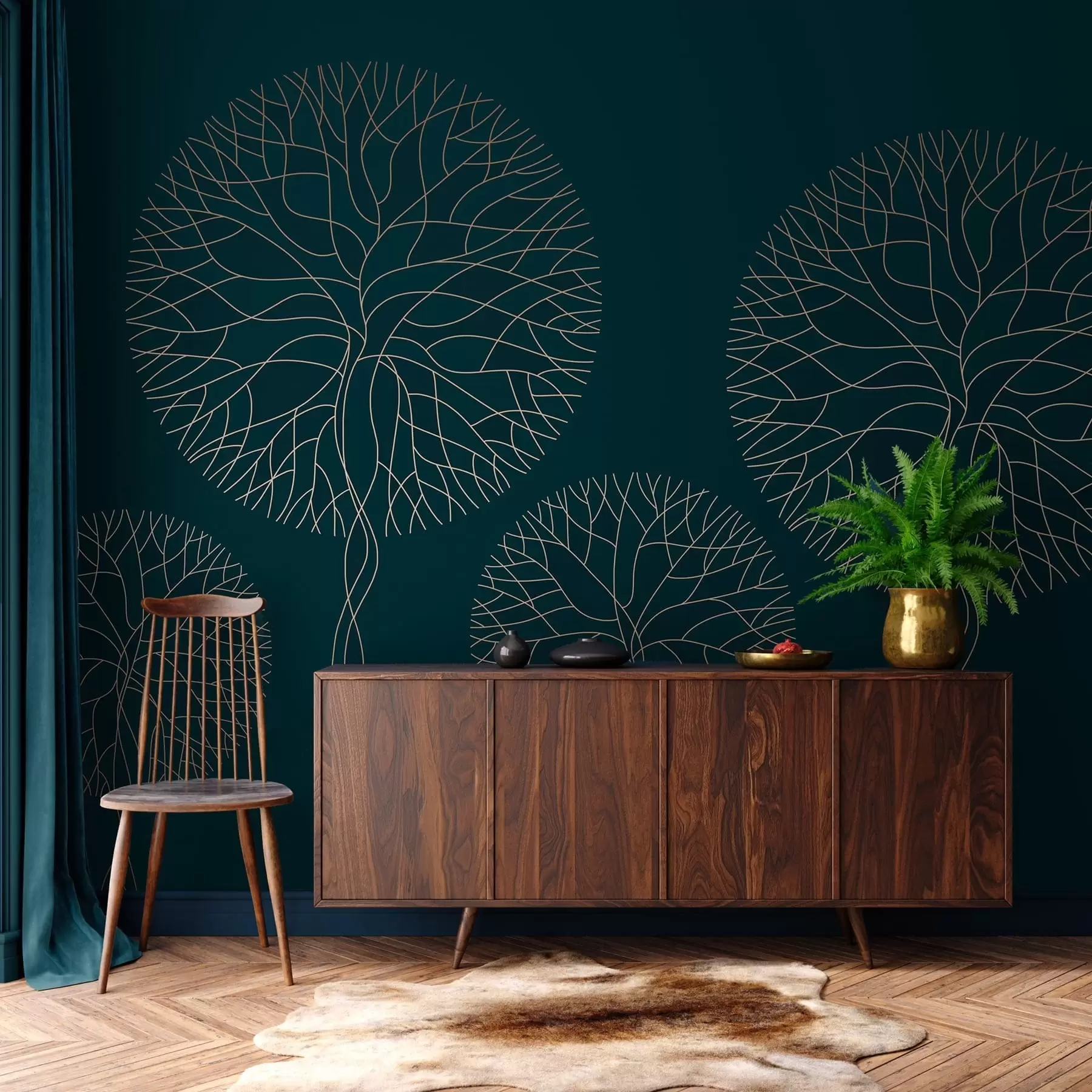 wall murals Fantasy linear trees with lush crowns in elegant dark emerald tones w05213
