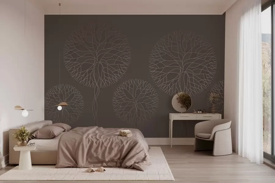 wall murals Fantasy linear trees with lush crowns in elegant mocha tones w05213v1