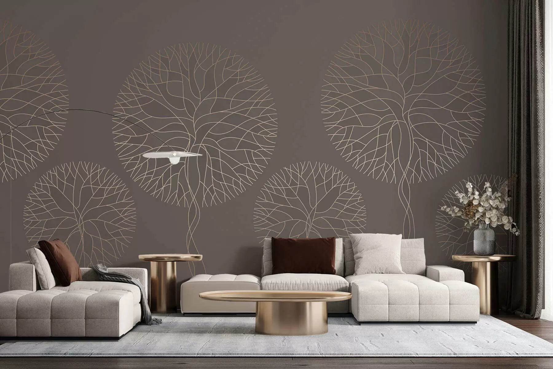 wall murals Fantasy linear trees with lush crowns in elegant mocha tones w05213v1