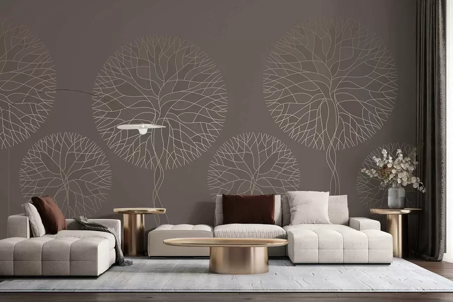 wall murals Fantasy linear trees with lush crowns in elegant mocha tones w05213v1