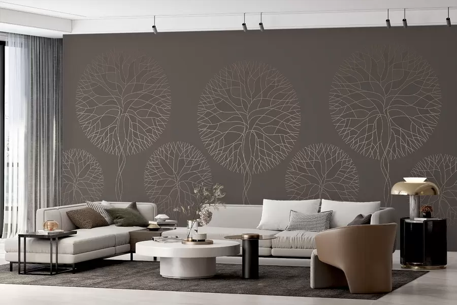 wall murals Fantasy linear trees with lush crowns in elegant mocha tones w05213v1
