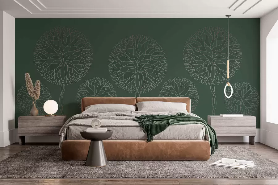 wall murals Fantasy linear trees with lush crowns in elegant dark green tones w05213v2