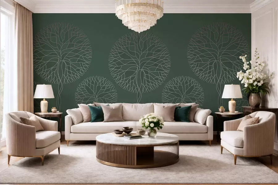 wall murals Fantasy linear trees with lush crowns in elegant dark green tones w05213v2