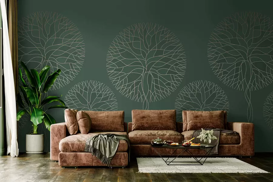 wall murals Fantasy linear trees with lush crowns in elegant dark green tones w05213v2