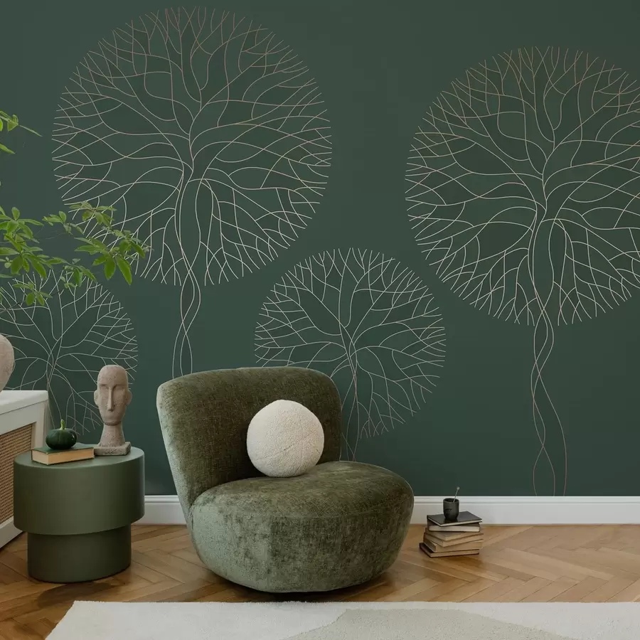 wall murals Fantasy linear trees with lush crowns in elegant dark green tones w05213v2