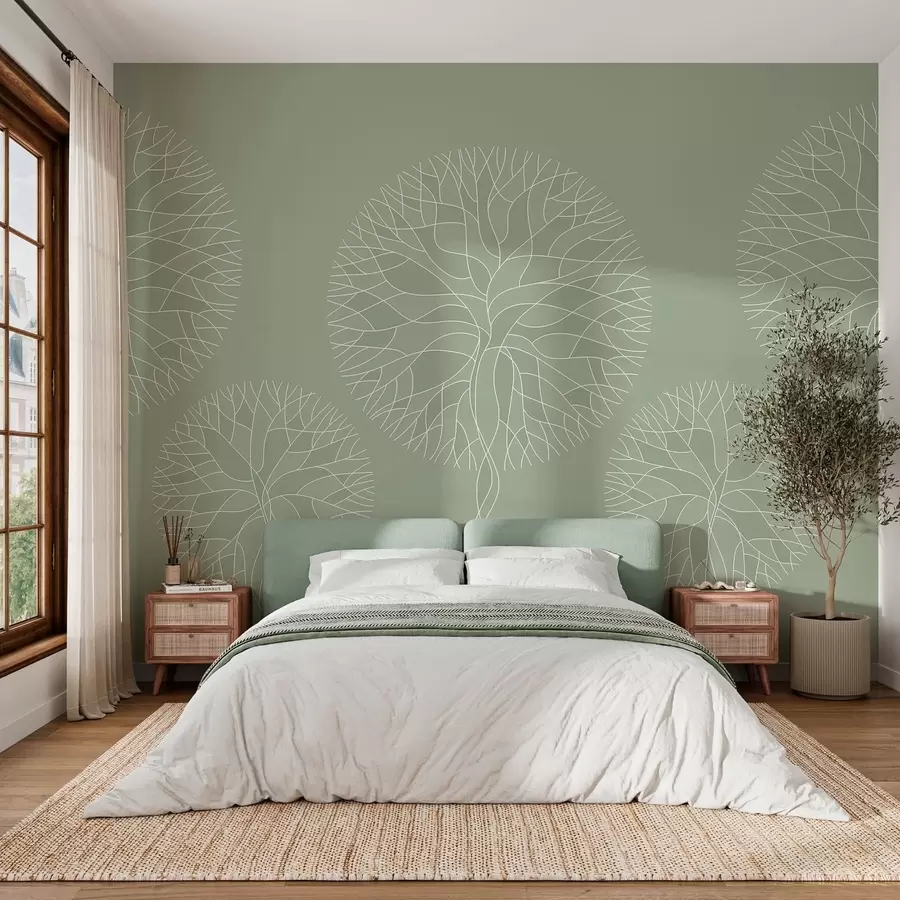 wall murals Fantasy linear trees with lush crowns in light green tones w05213v6