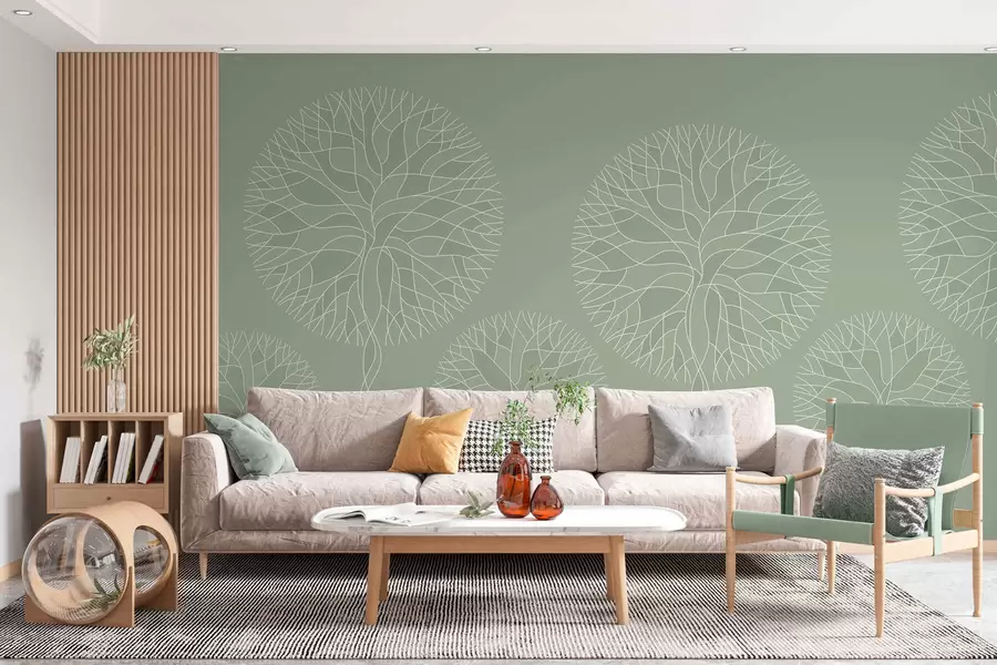 wall murals Fantasy linear trees with lush crowns in light green tones w05213v6