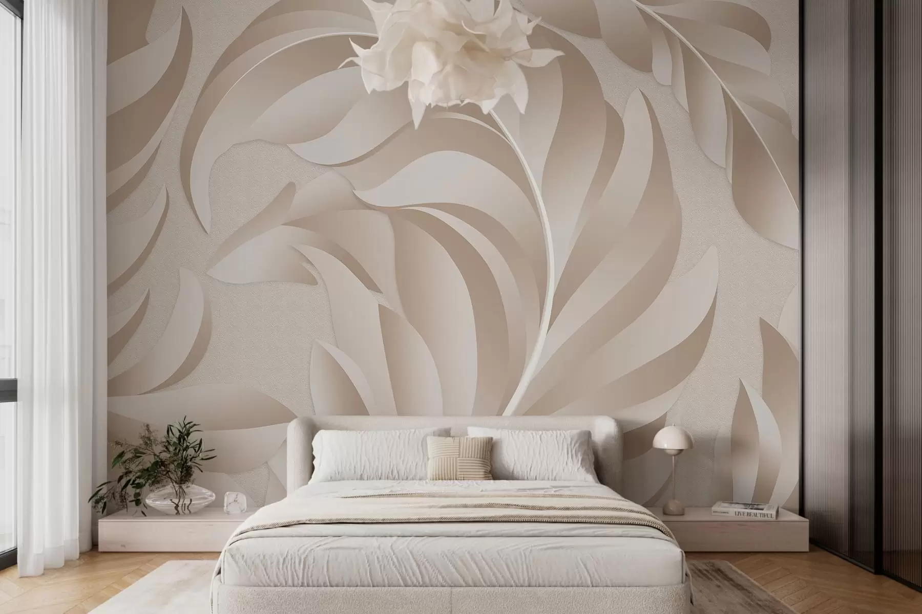 wall murals large textured feathers in beige and powder shades w05231