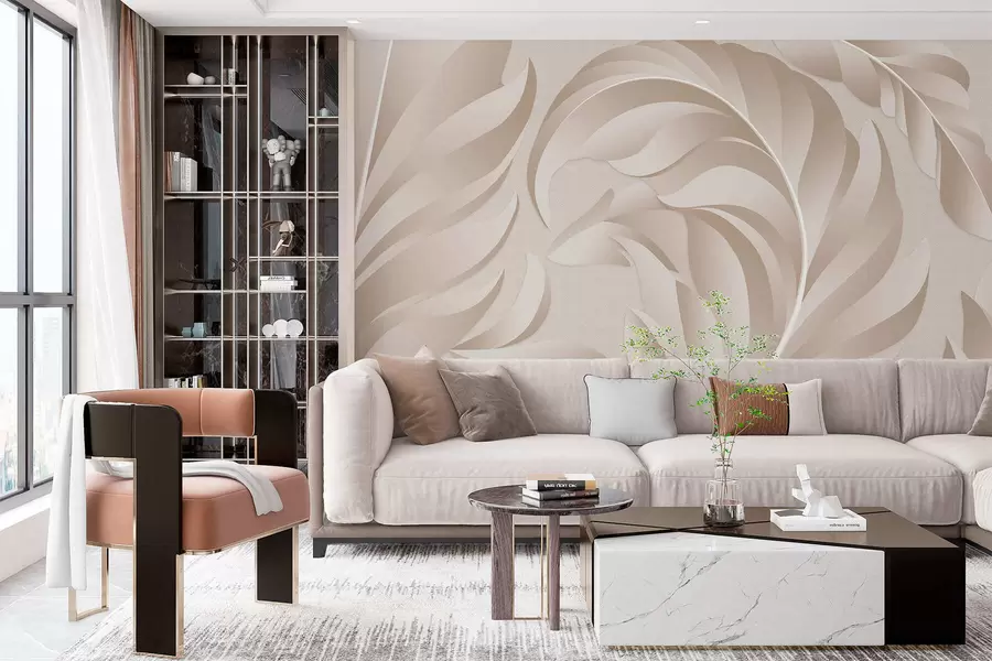 wall murals large textured feathers in beige and powder shades w05231