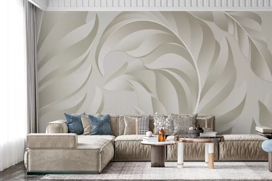 wall murals large textured feathers in beige and olive shades w05231v1