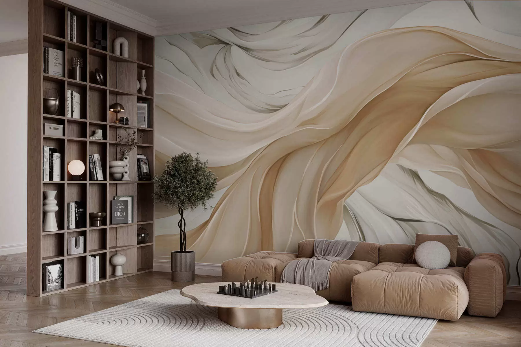 wall murals Flowing beige fabric waves w05152