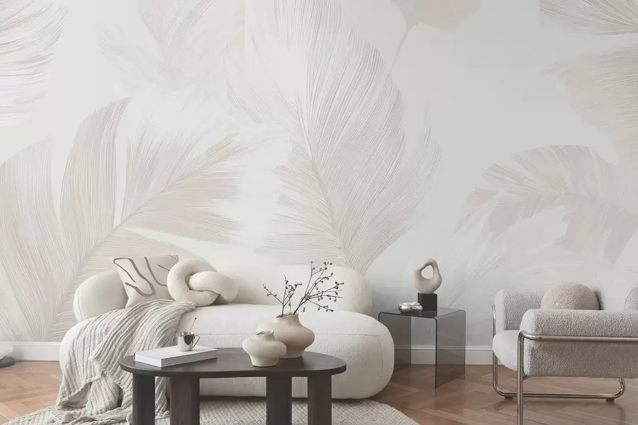 wall murals Soft ivory feathers in milky beige tones w09563