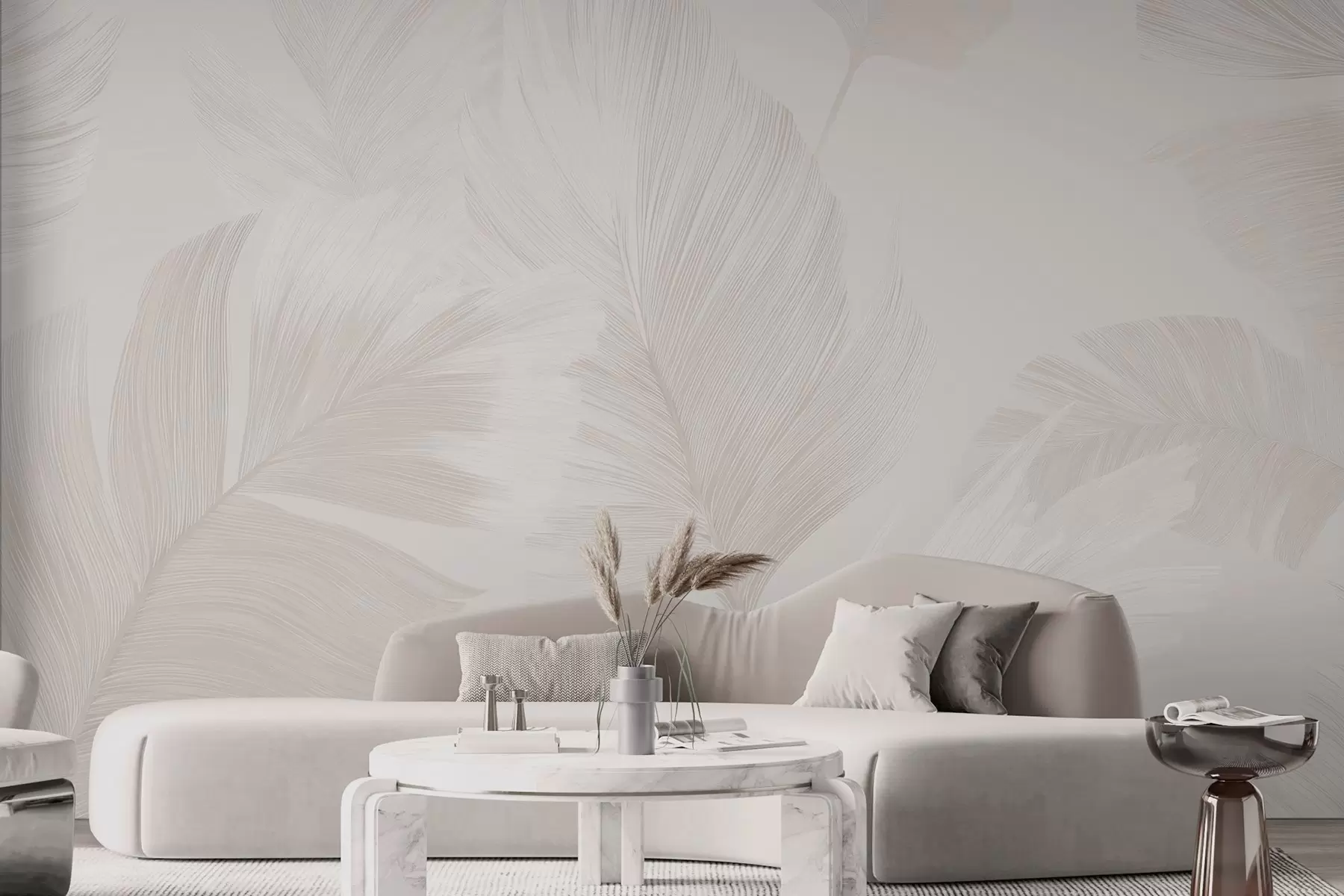 wall murals Soft ivory feathers in milky beige tones w09563
