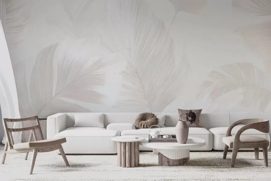 wall murals Soft ivory feathers in milky beige tones w09563