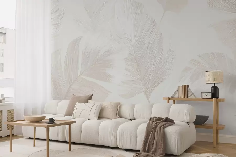 wall murals Soft ivory feathers in milky beige tones w09563
