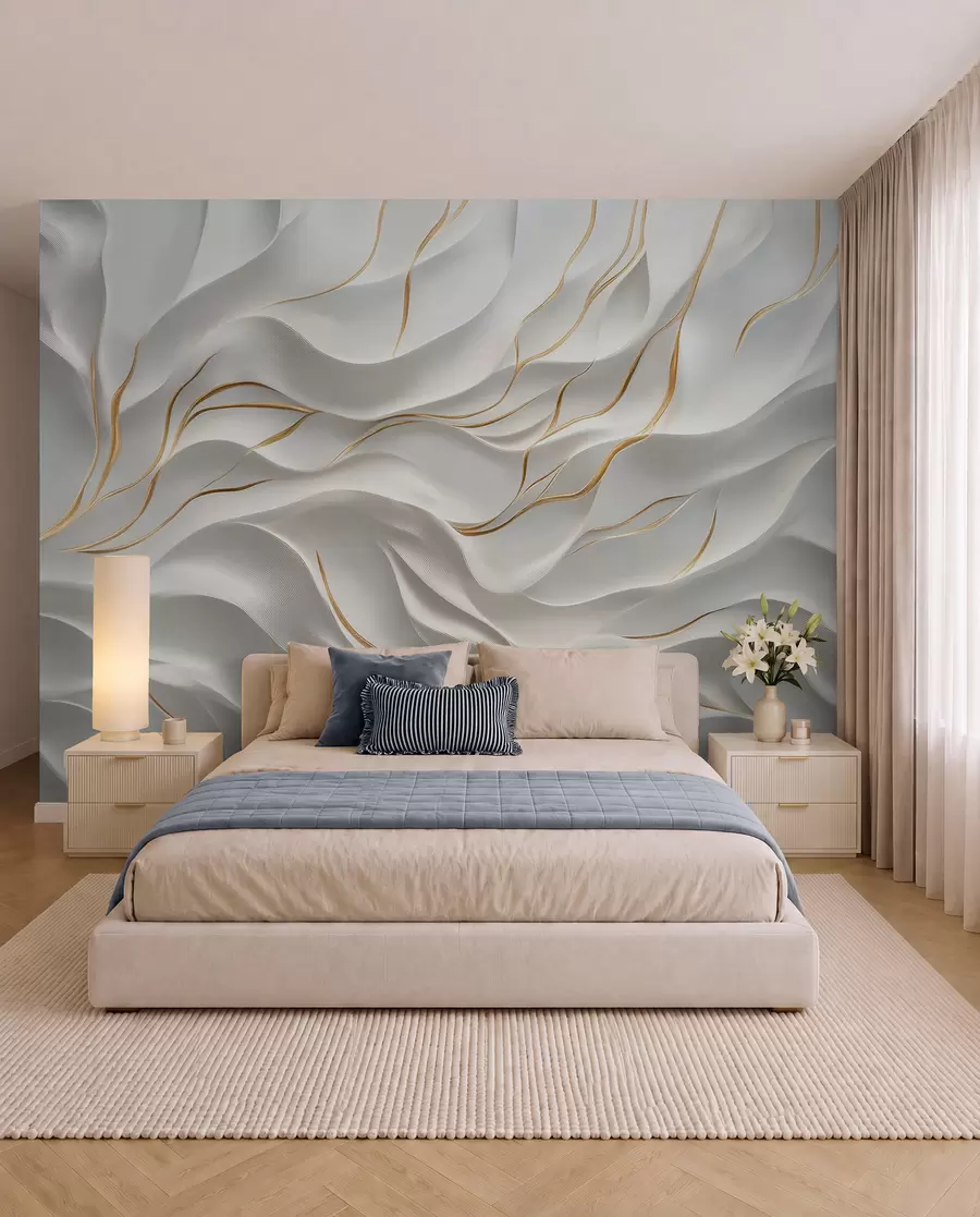 wall murals Gray embossed waves with yellow accents w09724