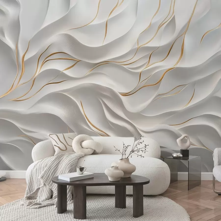 wall murals Gray embossed waves with yellow accents w09724