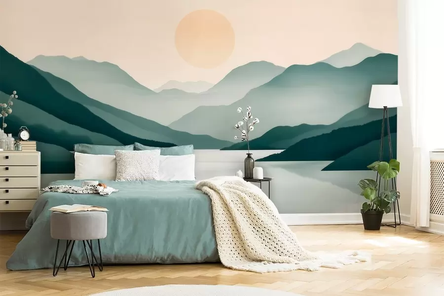 wall murals Quiet mountain landscape with the sun over the lake w09735