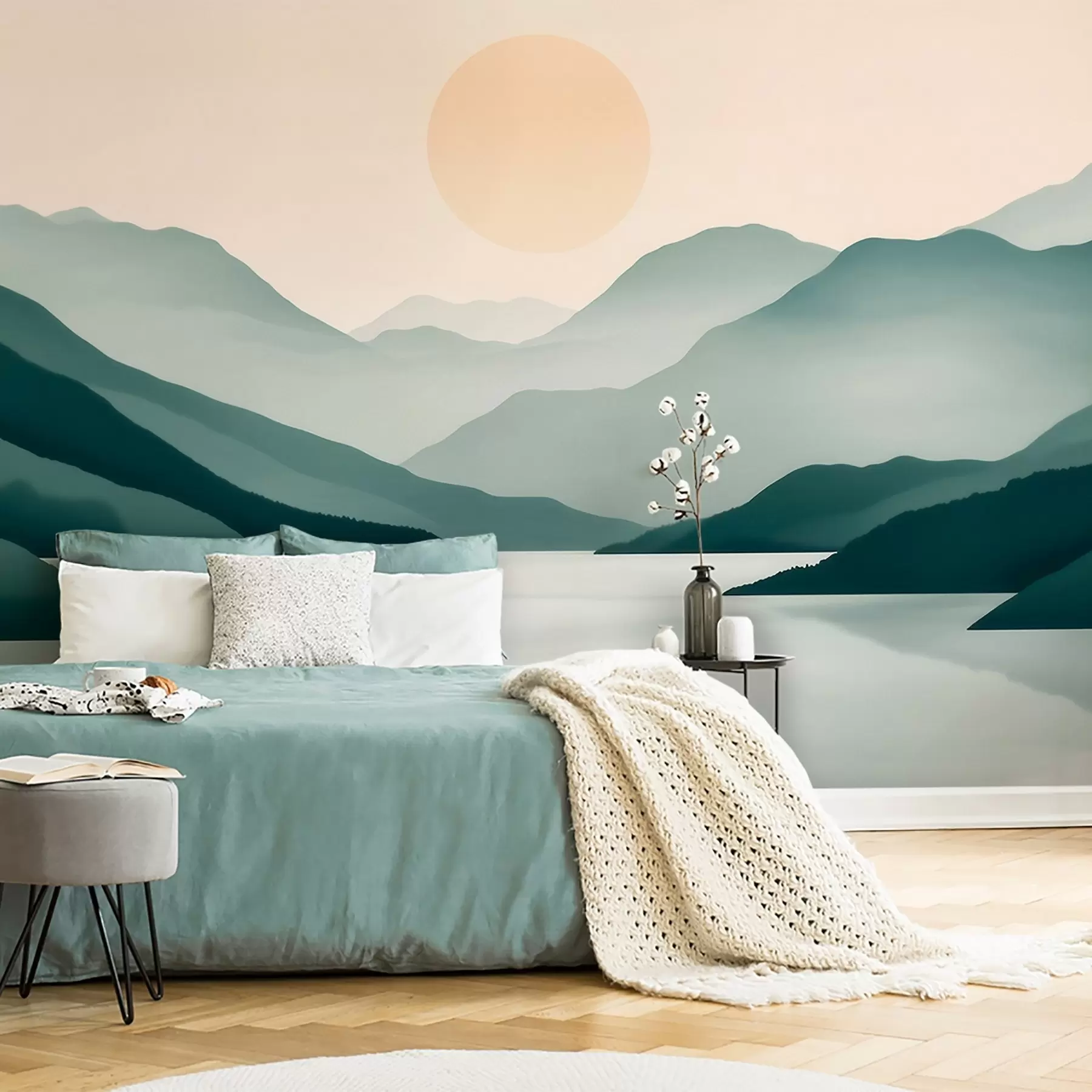wall murals Quiet mountain landscape with the sun over the lake w09735
