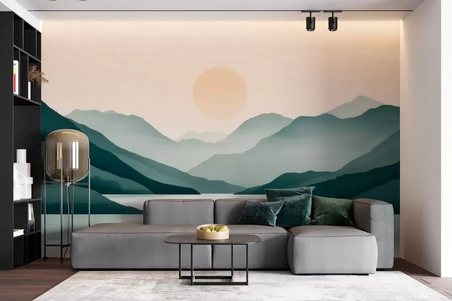 wall murals Quiet mountain landscape with the sun over the lake w09735