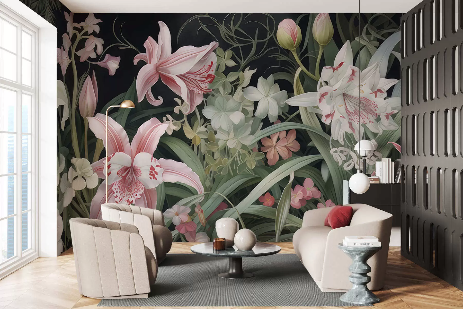 wall murals Fantastic flowers on a dark background w05278