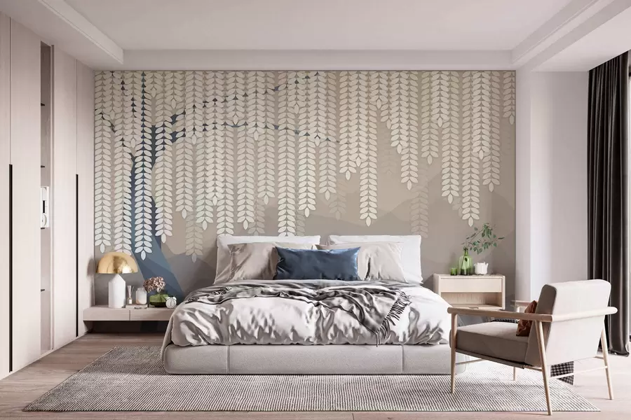 wall murals stylised willow tree with hanging leaves against a backdrop of minimalist mountains in shades of beige and blue-green w05232