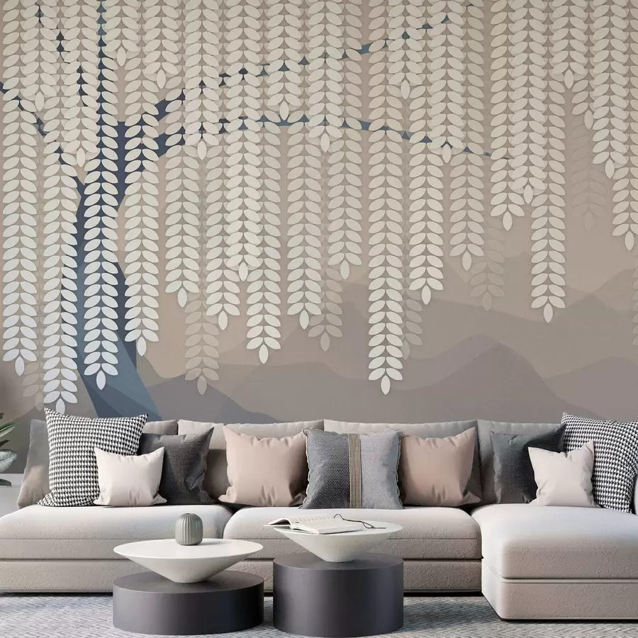 wall murals stylised willow tree with hanging leaves against a backdrop of minimalist mountains in shades of beige and blue-green w05232