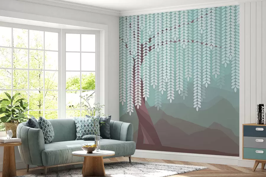 wall murals stylised willow tree with hanging leaves against a backdrop of minimalist mountains in shades of chocolate and turquoise w05232v1