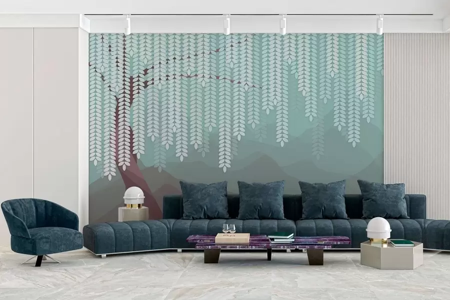 wall murals stylised willow tree with hanging leaves against a backdrop of minimalist mountains in shades of chocolate and turquoise w05232v1